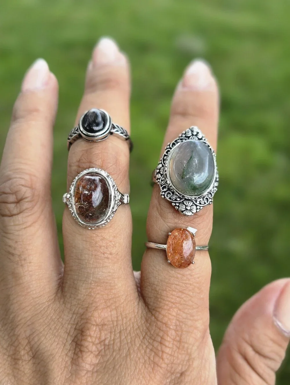 Moss Agate Filigree Shield Ring Adjustable